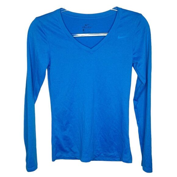 Nike Women's Dri-Fit Legend Long Sleeve V Neck T Shirt Blue Size XS - Picture 1 of 5